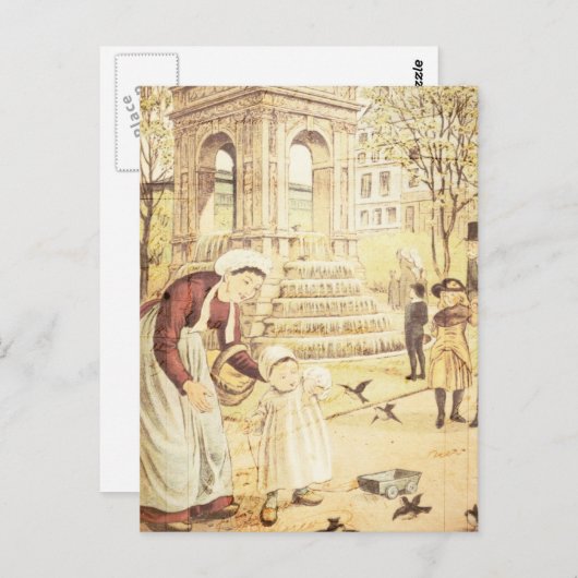 ヴィンテージ パリ かわいい子供 お母さん スズメ 鳥 ポストカード (正面/裏面)