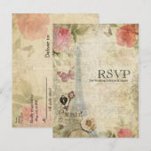 ヴィンテージ パリ ピンク ローズ ロック＆キー ウェディング RSVP インビテーションポストカード (正面/裏面)