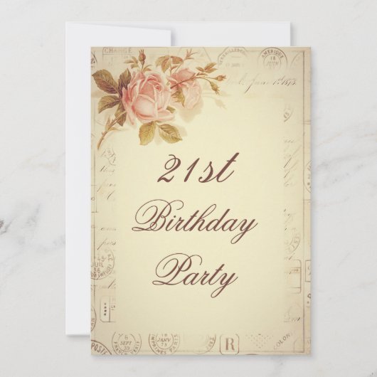 ヴィンテージ パリ 消印 シックなバラ 21歳の誕生日 招待状 (正面)