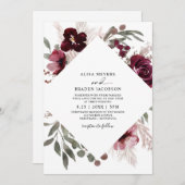 ヴィンテージ パンパス グラス バーガンディ ピンク ローズ ウェディング 招待状 (正面/裏面)