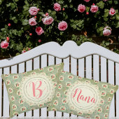 ヴィンテージ パーソナライズ ローズ ドイリー グリーン ダマスク アクセントクッション