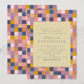 ヴィンテージ パープルとイエローの幾何学模様のブライズシャワー 招待状 (正面/裏面)