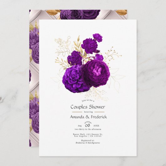 ヴィンテージ パープルとゴールドの花のカップルシャワー 招待状 (正面/裏面)