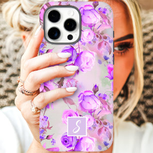 ヴィンテージ パープルとピンクの花モノグラム iPhone 16 PRO MAXケース