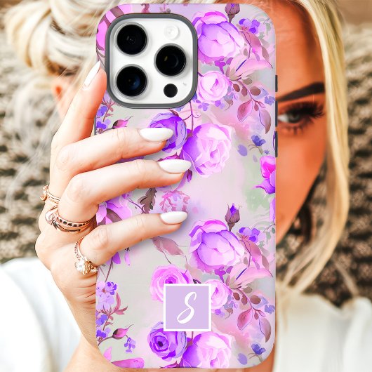 ヴィンテージ パープルとピンクの花モノグラム Case-Mate iPhoneケース