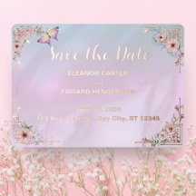 ヴィンテージ パープルブルーのボタン柄箔押し Save The Date カード