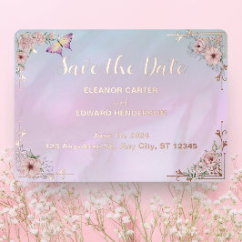 ヴィンテージ パープルブルーのボタン柄箔押し Save The Date カード