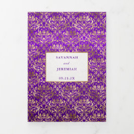 ヴィンテージ パープル ゴールド ダマスク オーダーメイド ウェディング 三つ折り招待状