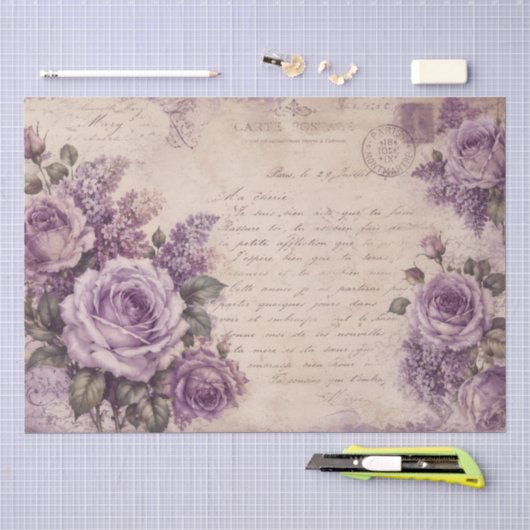 ヴィンテージ パープル バラの花 フラワー 古い手書きの手紙 薄葉紙 (クラフト)