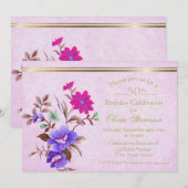 ヴィンテージ パープル フラワーズ 50歳の誕生日パーティー 招待状 (正面/裏面)