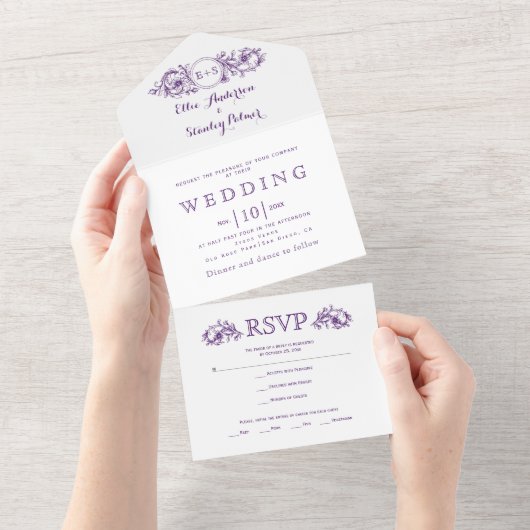 ヴィンテージ パープル フラワーフレームイニシャル ホワイト ウェディング オールインワン招待状 (貼ってはがせる)