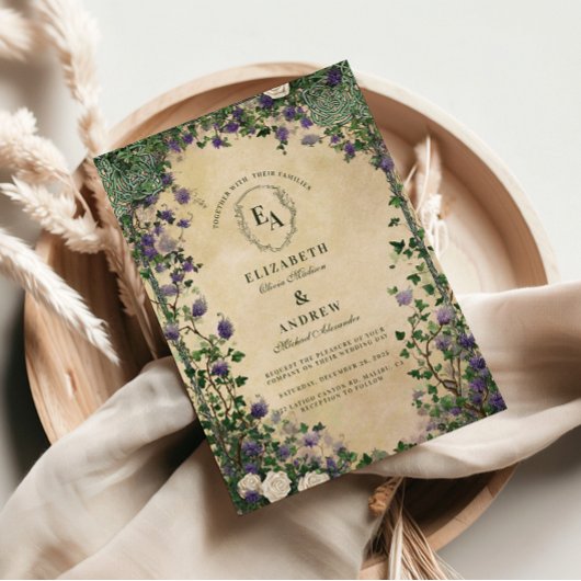 ヴィンテージ パープル フローラル ウェディング 招待状