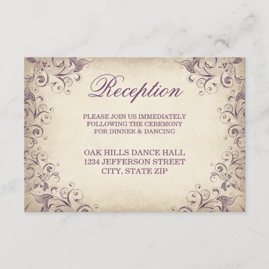 ヴィンテージ パープル フローリッシュ ウェディング レセプション カード (正面)