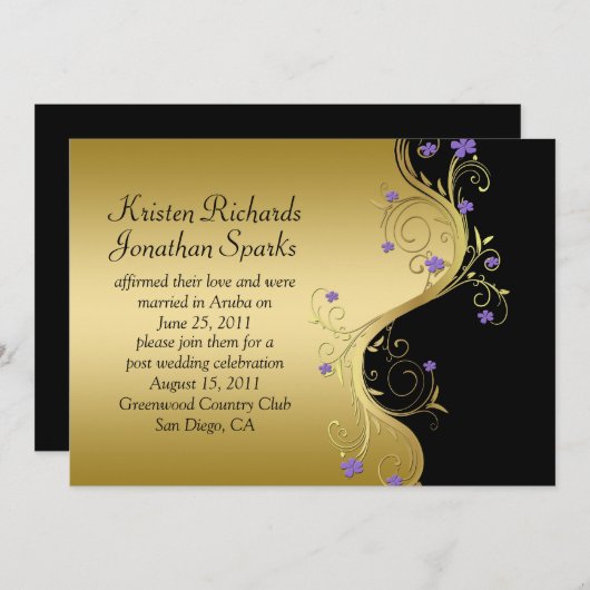 ヴィンテージ パープル ブラック ゴールド 挙式後お祝いカード 招待状 (正面/裏面)