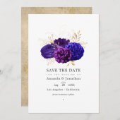 ヴィンテージ パープル、ロイヤルブルーとゴールドの花柄 ウェディング セーブザデート (正面/裏面)