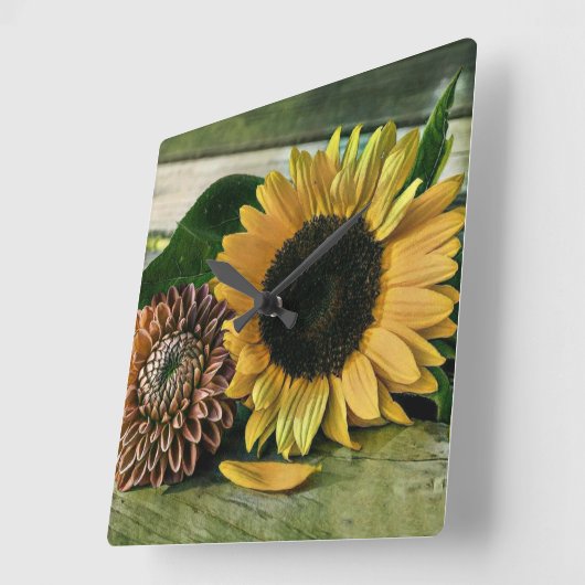 ヴィンテージ・ヒマワリー・ウォーター スクエア壁時計 (傾斜)