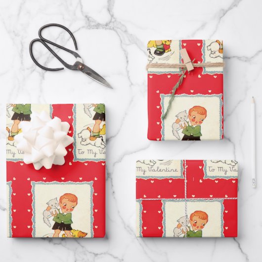 ヴィンテージ ビクトリアン バレンタインデー少年、猫と犬 ラッピングペーパーシート (正面)