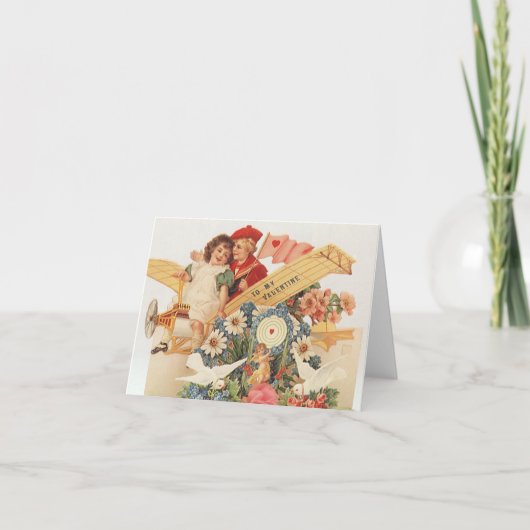 ヴィンテージ ビクトリアン バレンタインデー、飛行機に乗る子供たち シーズンカード (正面)