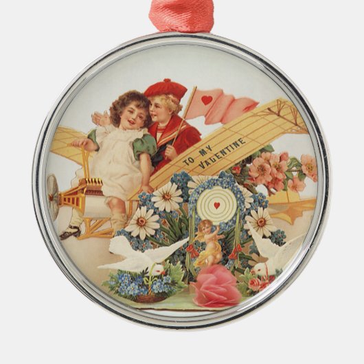 ヴィンテージ ビクトリアン バレンタインデー、飛行機に乗る子供たち メタルオーナメント (正面)