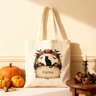 ヴィンテージ ビクトリアン ブラックキャット ゴシック ハロウィン 名前入り トートバッグ
