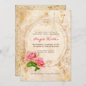 ヴィンテージ ビクトリアン ローズ 誕生日パーティー 招待状 (正面/裏面)