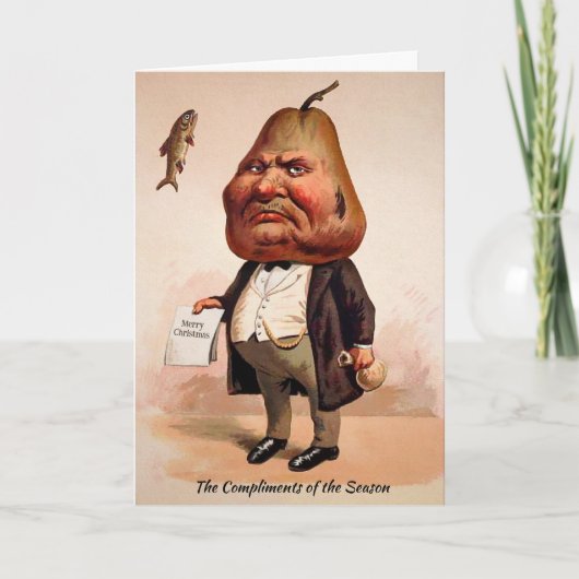 ヴィンテージ ビクトリアン 怒り顔梨の頭のクリスマスカード シーズンカード (正面)