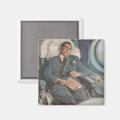 ヴィンテージ ビジネス トラベル、飛行機での読書 マグネット (正面/裏面)