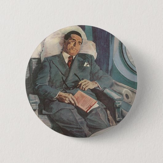ヴィンテージ ビジネス トラベル、飛行機での読書 缶バッジ (正面)