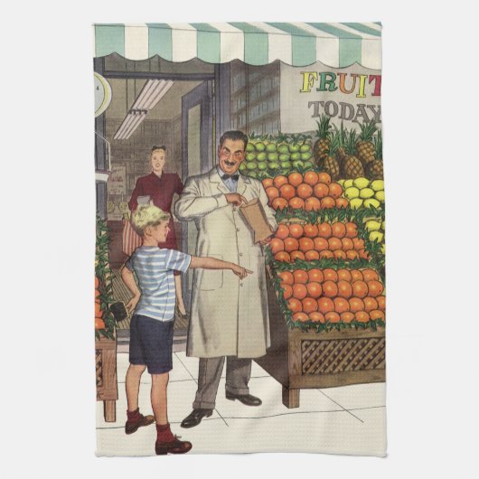 ヴィンテージ ビジネス、八百屋の店員と少年 キッチンタオル (縦)
