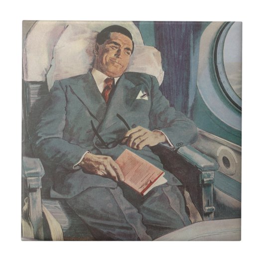 ヴィンテージ ビジネス 旅行、飛行機での読書 タイル (正面)