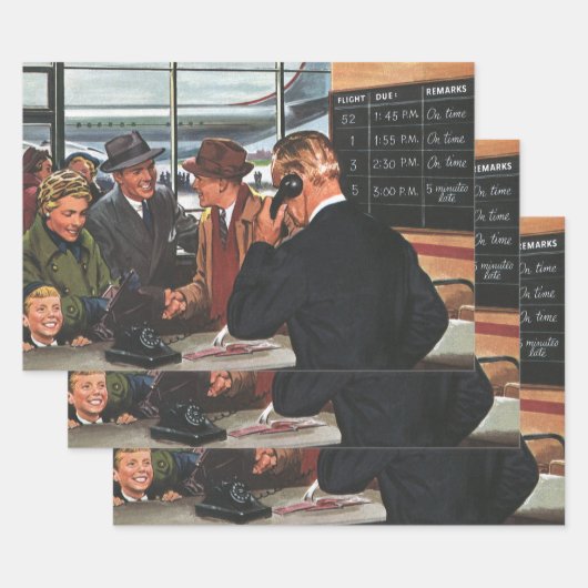 ヴィンテージ ビジネス、航空会社のカウンターにいる人々 ラッピングペーパーシート (セット)