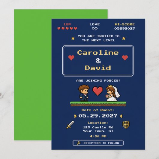 ヴィンテージ・ビデオゲーム・ピクセルアート・ウェディング 招待状 (正面/裏面)