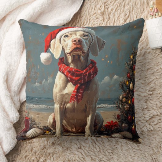 ヴィンテージ ビーチのワイマラナー犬クリスマス クッション (ブランケット)