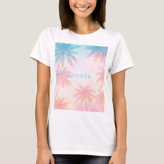 ヴィンテージ ビーチ 日没 ヤシの木 パステル Tシャツ (正面)