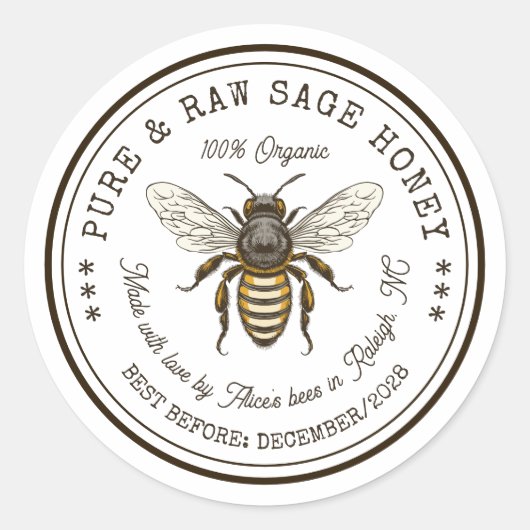 ヴィンテージ・ビー付きセージ蜂蜜缶詰シール ラウンドシール (正面)