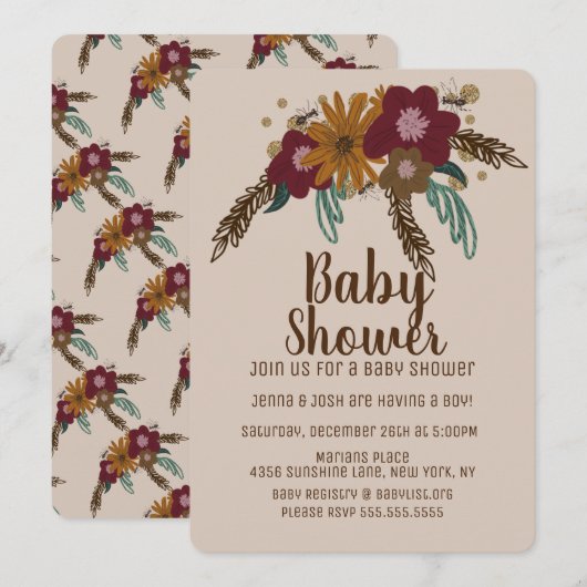 ヴィンテージ ビー 向日葵の花束 ベイビー シャワー 招待状 (正面/裏面)