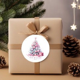 ヴィンテージ ピンクのクリスマスツリー モダン ミニマリスト ラウンドシール