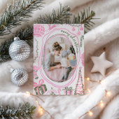 ヴィンテージ ピンクのクリスマス 水彩家族写真 シーズンカード