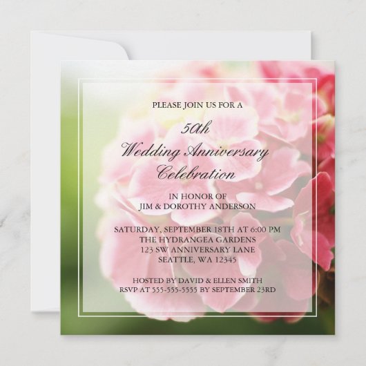 ヴィンテージ ピンクのハイドランジア 50周年 結婚記念日 招待状 (正面)