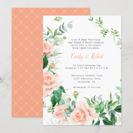 ヴィンテージ ピンクのバラとグリーン 白い格子模様のウェディング 招待状