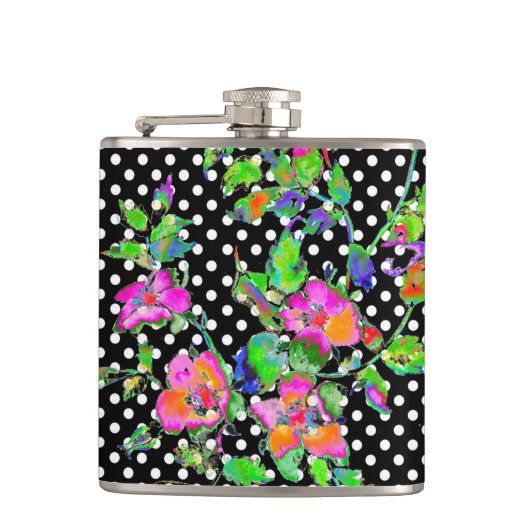 ヴィンテージ：ピンクのバラb/wポルカドット フラスク (正面)