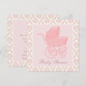 ヴィンテージ ピンクのベビーカー 女の子の赤ちゃんシャワー 招待状 (正面/裏面)