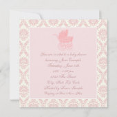 ヴィンテージ ピンクのベビーカー 女の子の赤ちゃんシャワー 招待状 (裏面)