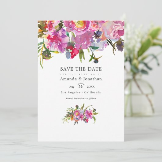 ヴィンテージ ピンクの牡丹 水彩 結婚式 フォト セーブザデート (スタンド正面)