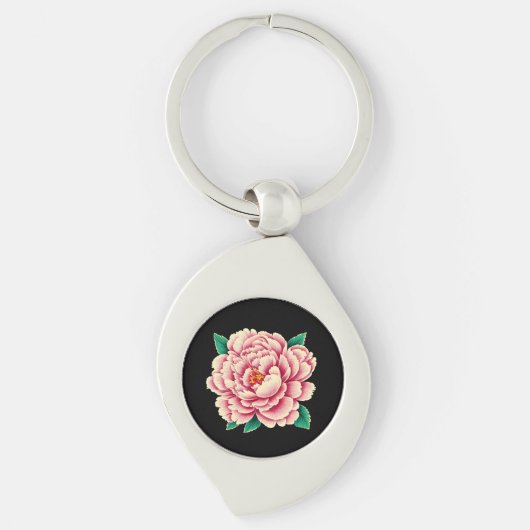 ヴィンテージ ピンクの芍薬の花 キーホルダー (正面)