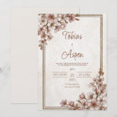 ヴィンテージ ピンクの花びら ゴールドフレーム ラスティック ウェディング 招待状 (正面/裏面)