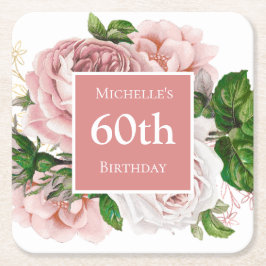 ヴィンテージ ピンクの花柄 60歳の誕生日パーティー スクエアペーパーコースター