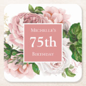 ヴィンテージ ピンクの花柄 75歳の誕生日パーティー スクエアペーパーコースター (正面)