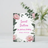 ヴィンテージ ピンクの花 緑のユーカリ 16歳の誕生日 ポストカード (スタンド正面)