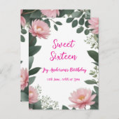 ヴィンテージ ピンクの花 緑のユーカリ 16歳の誕生日 ポストカード (正面/裏面)